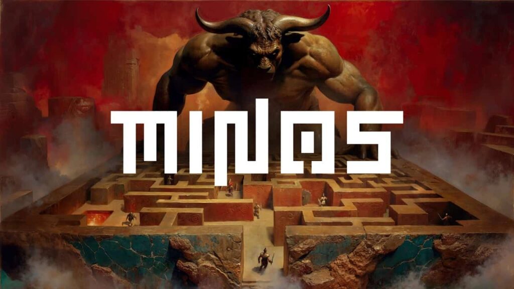 Artwork di Minos con minotauro che guarda sopra un labirinto