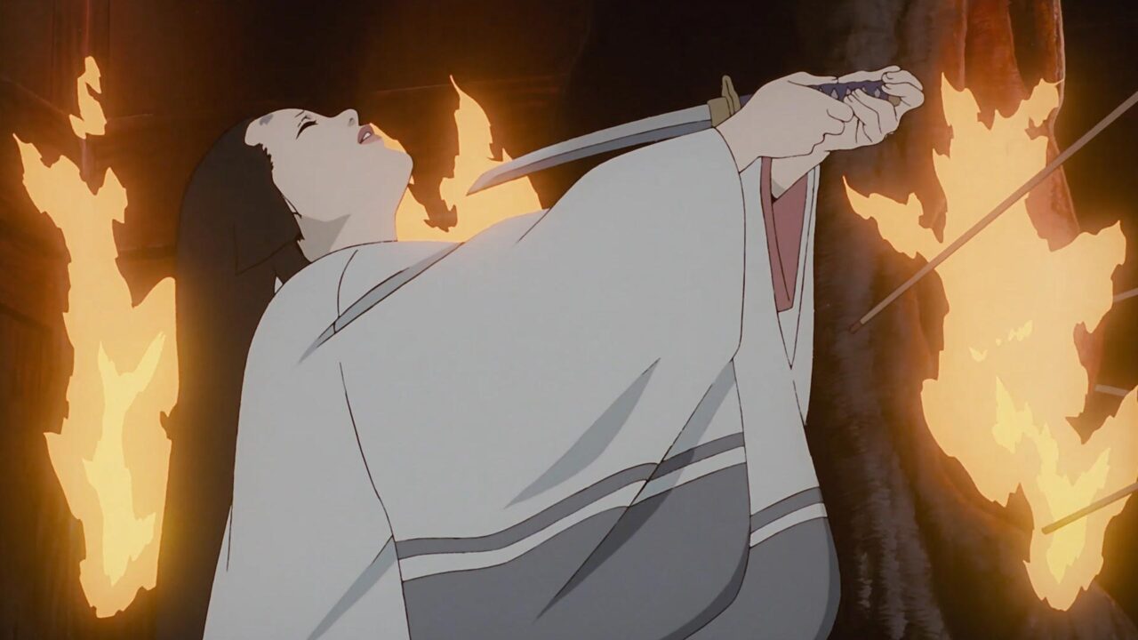 Scena di Millennium Actress con ragazza che si punta una katana al volto